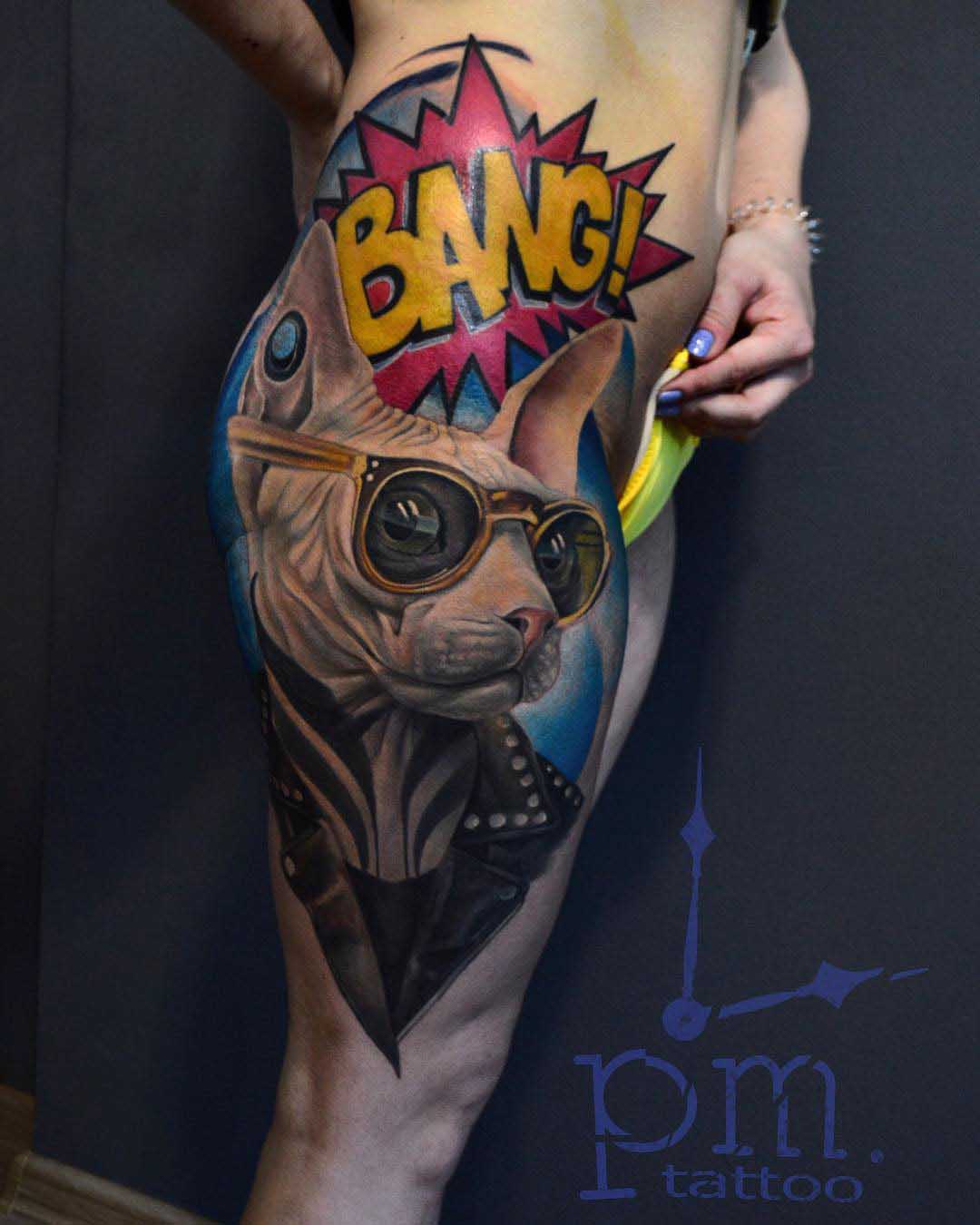 hip tattoo cat sphynx and bang