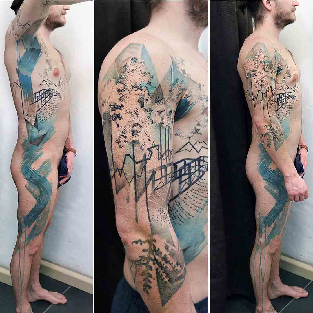 full body side tattoo abstract lanscape