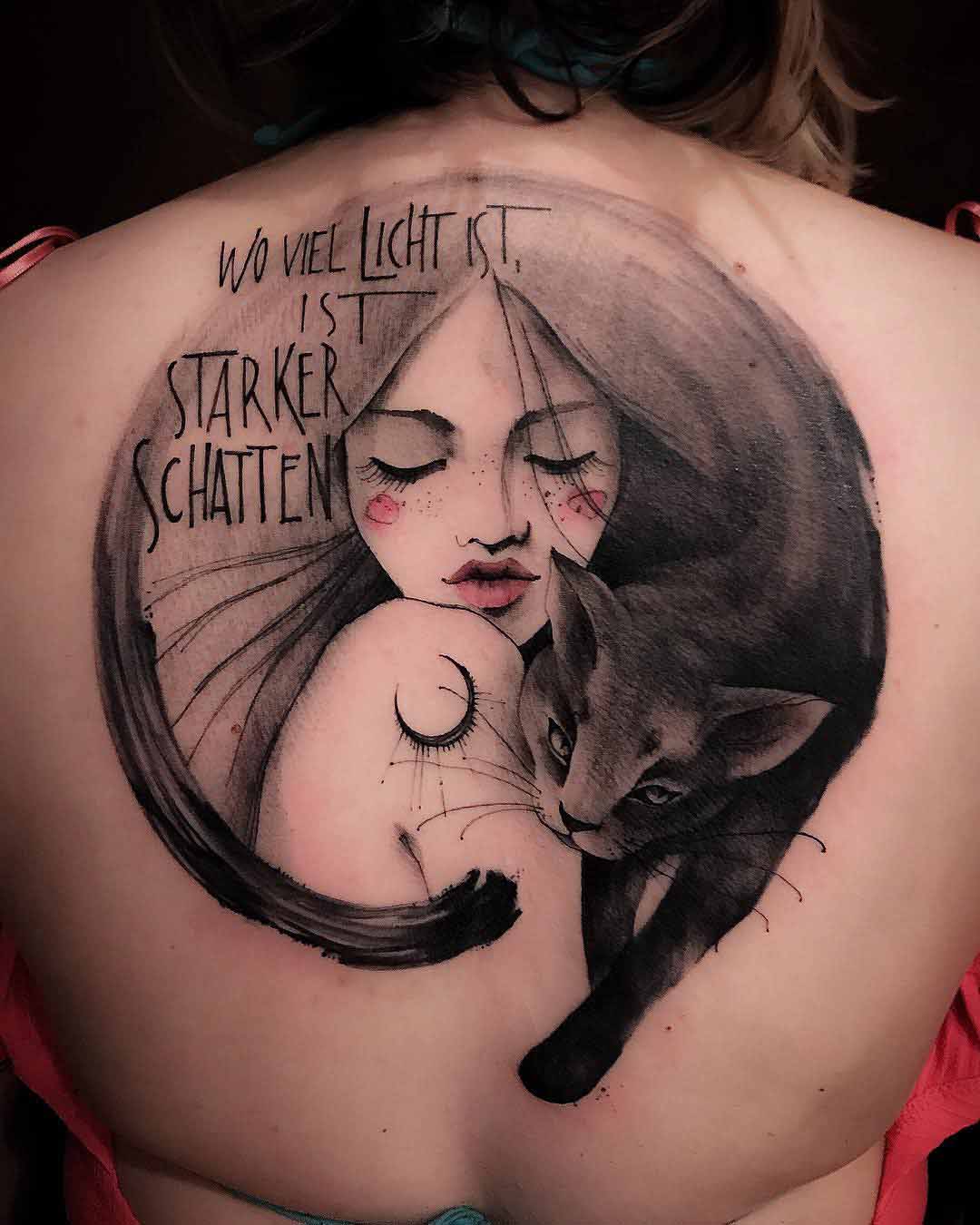 upper back black cat tattoo and girl
