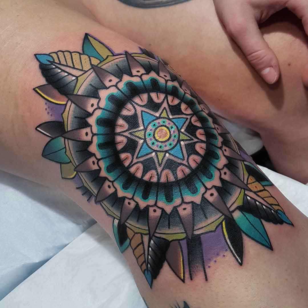 knee tattoo blue mandala