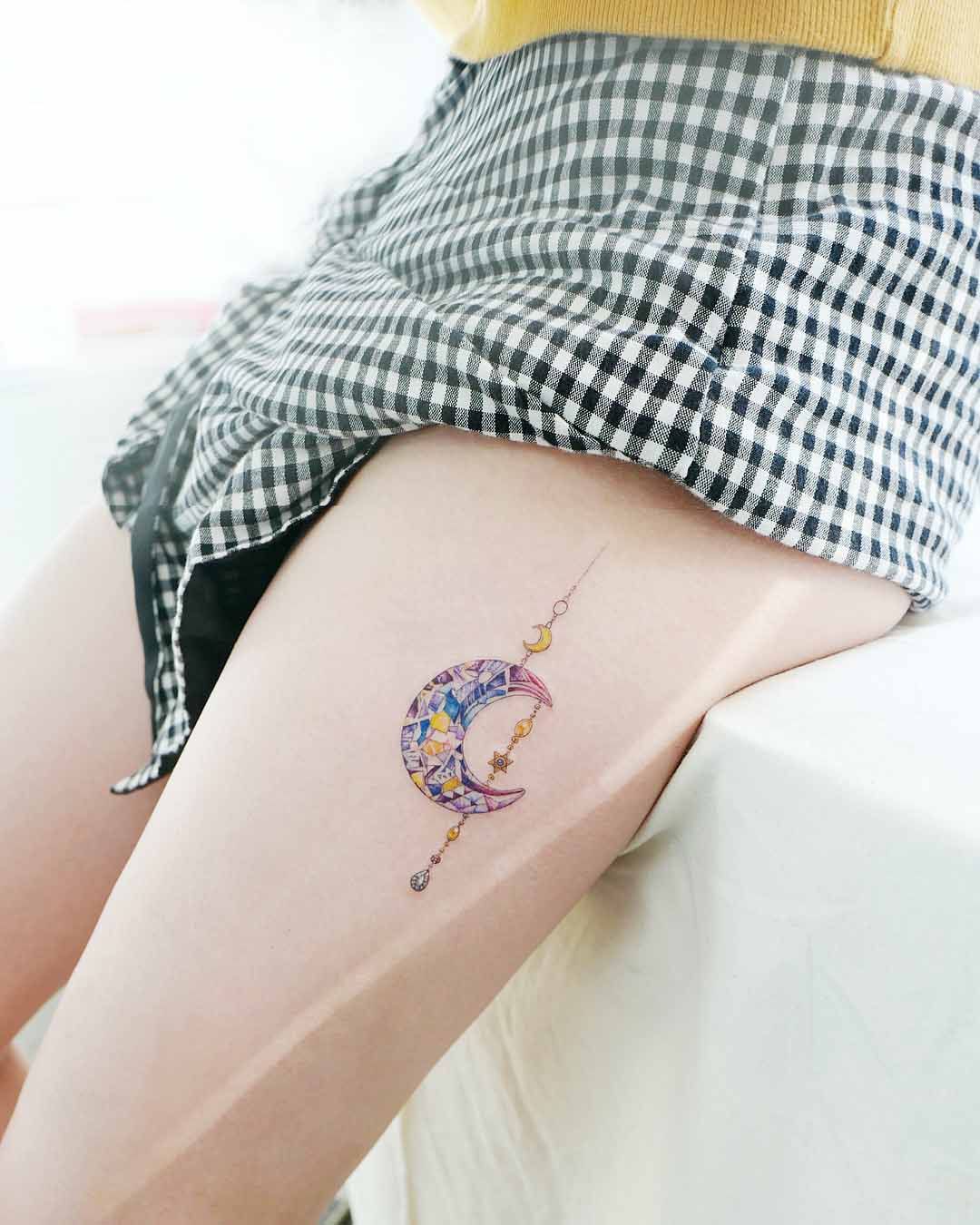 small thigh tattoo crystal moon