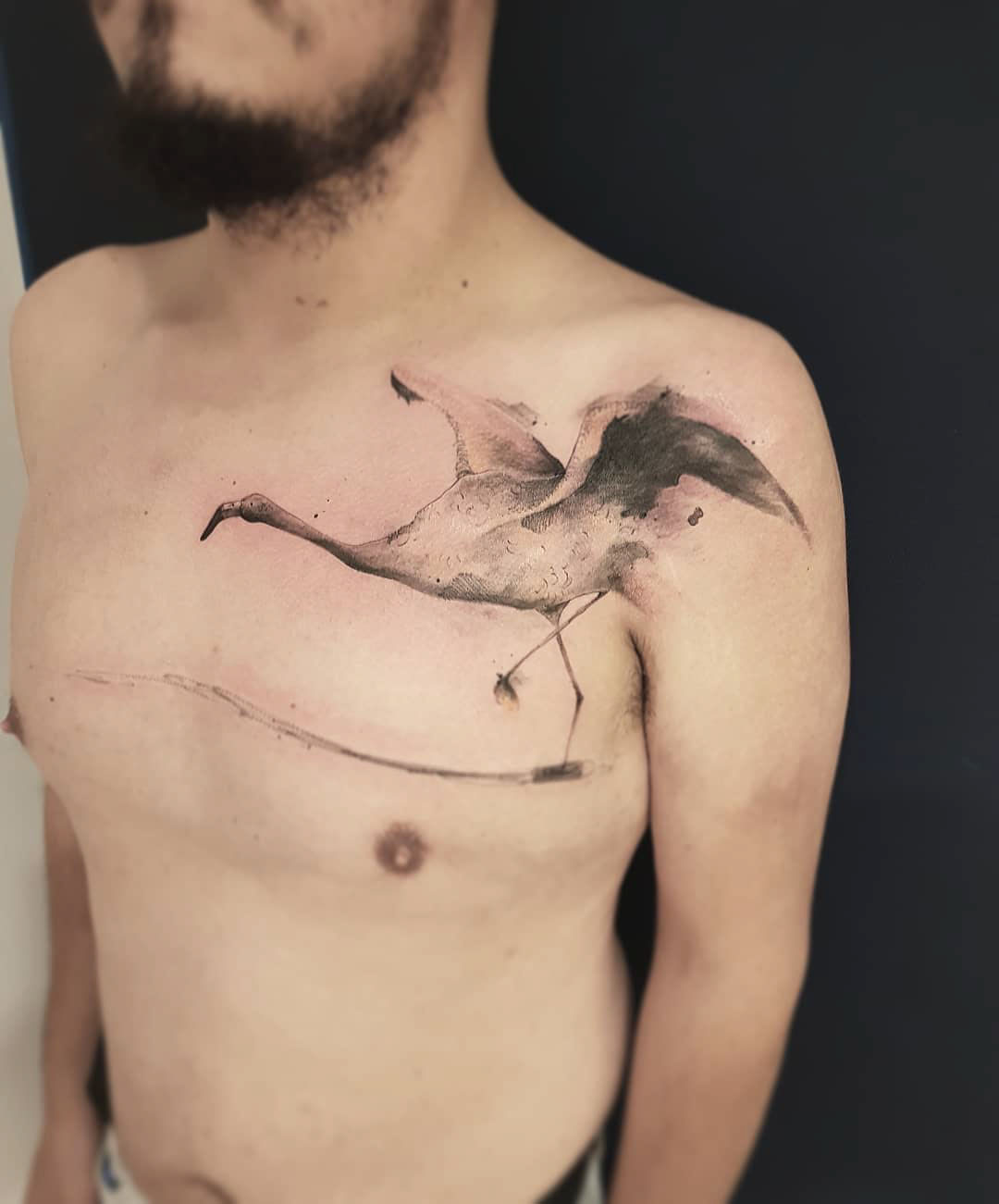 watercolor flamingo tattoo on chest