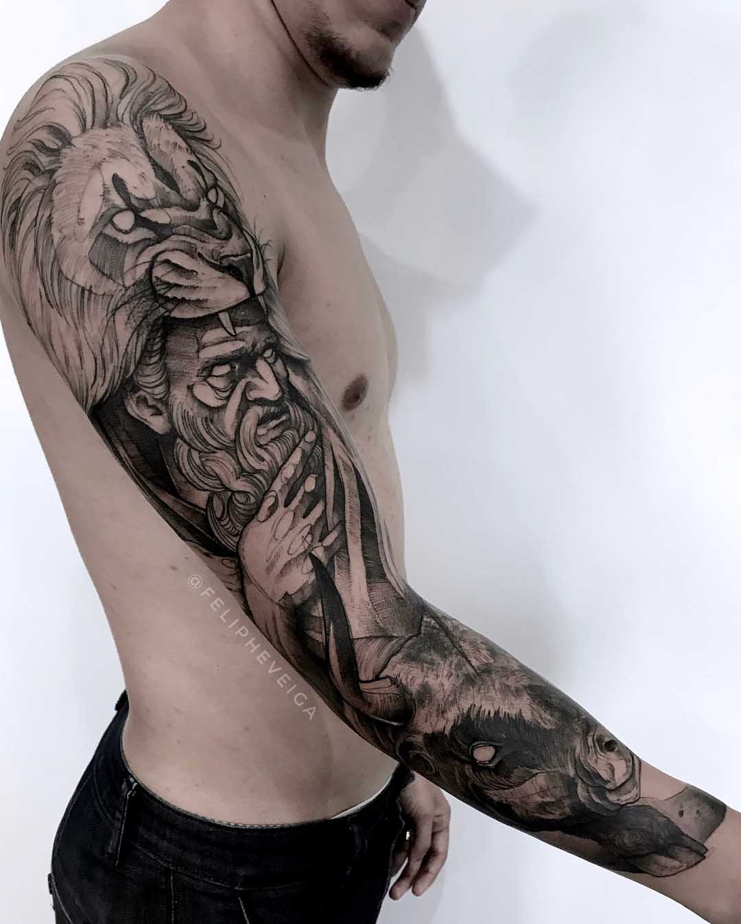 tattoo sleeve lion skin and taurus