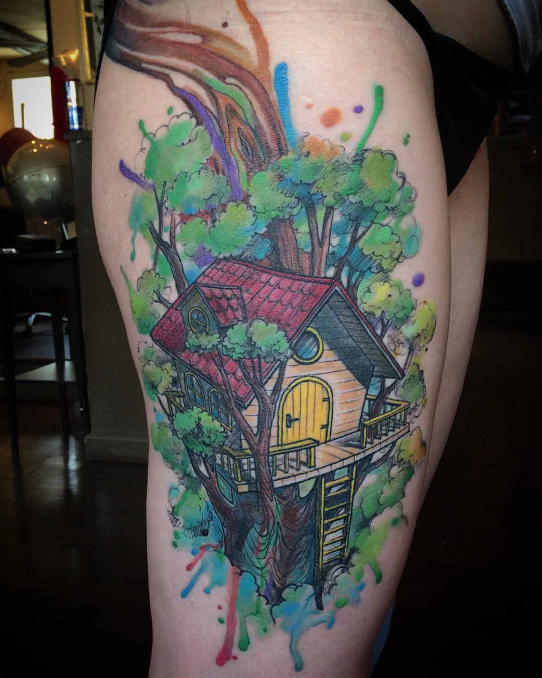 thigh tattoo tree house watercolor style