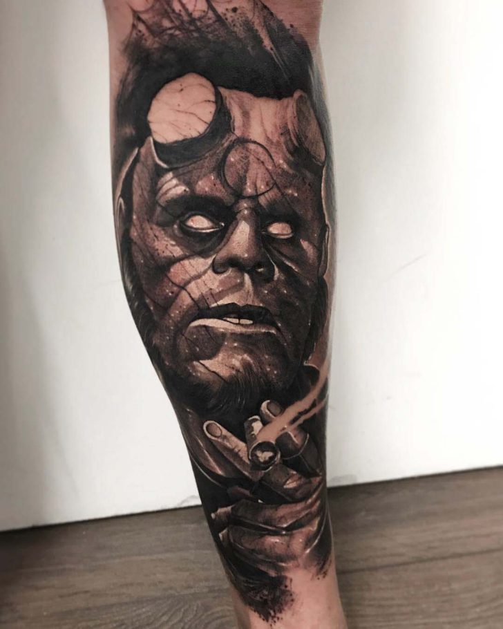 Hellboy Tattoo on Calf | Best Tattoo Ideas Gallery