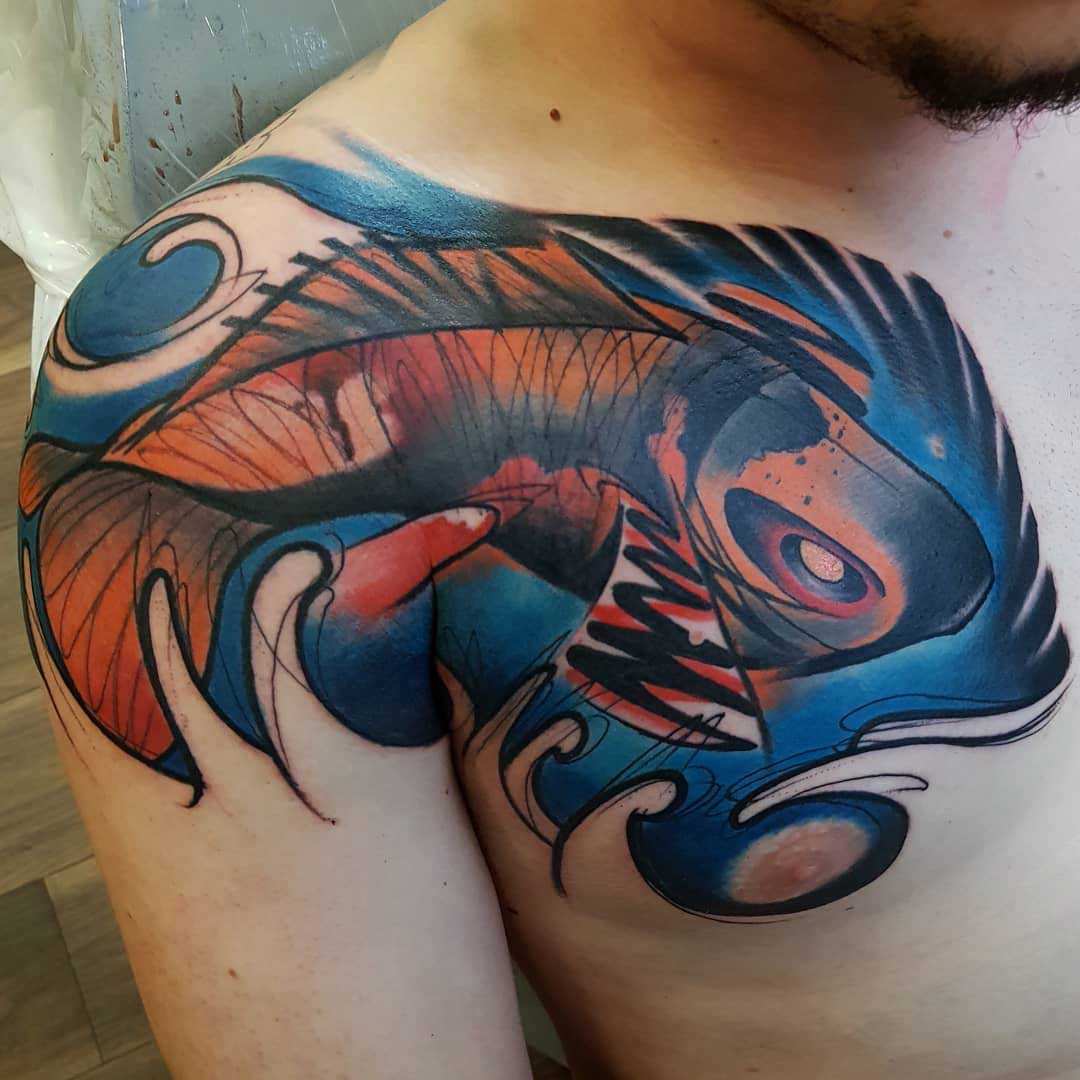 chest shoulder tattoo koi fish