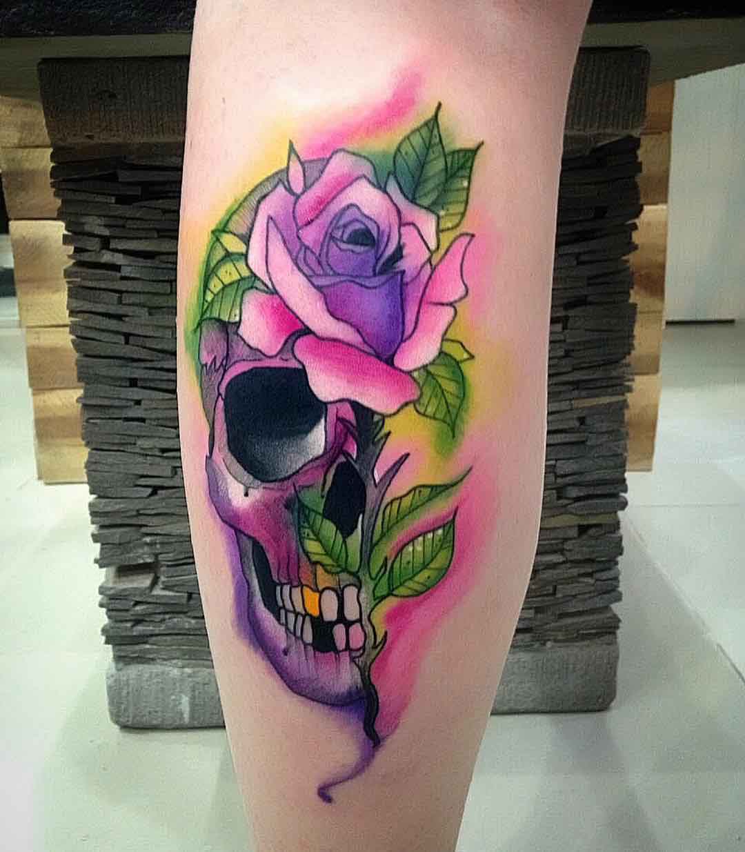calf tattoo skull tattoo rose purple