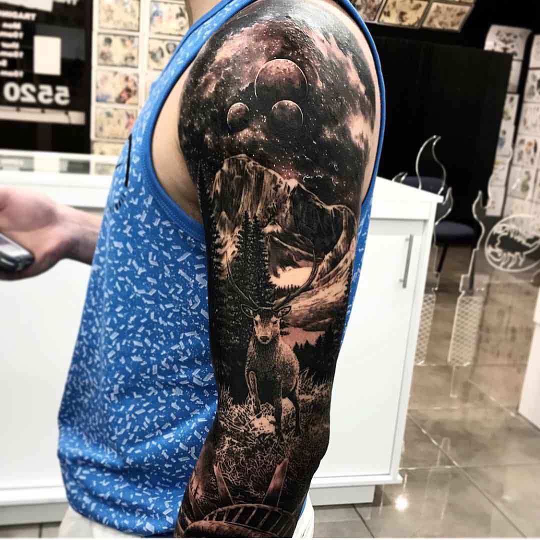 shoulder tattoo sleeve space landscape