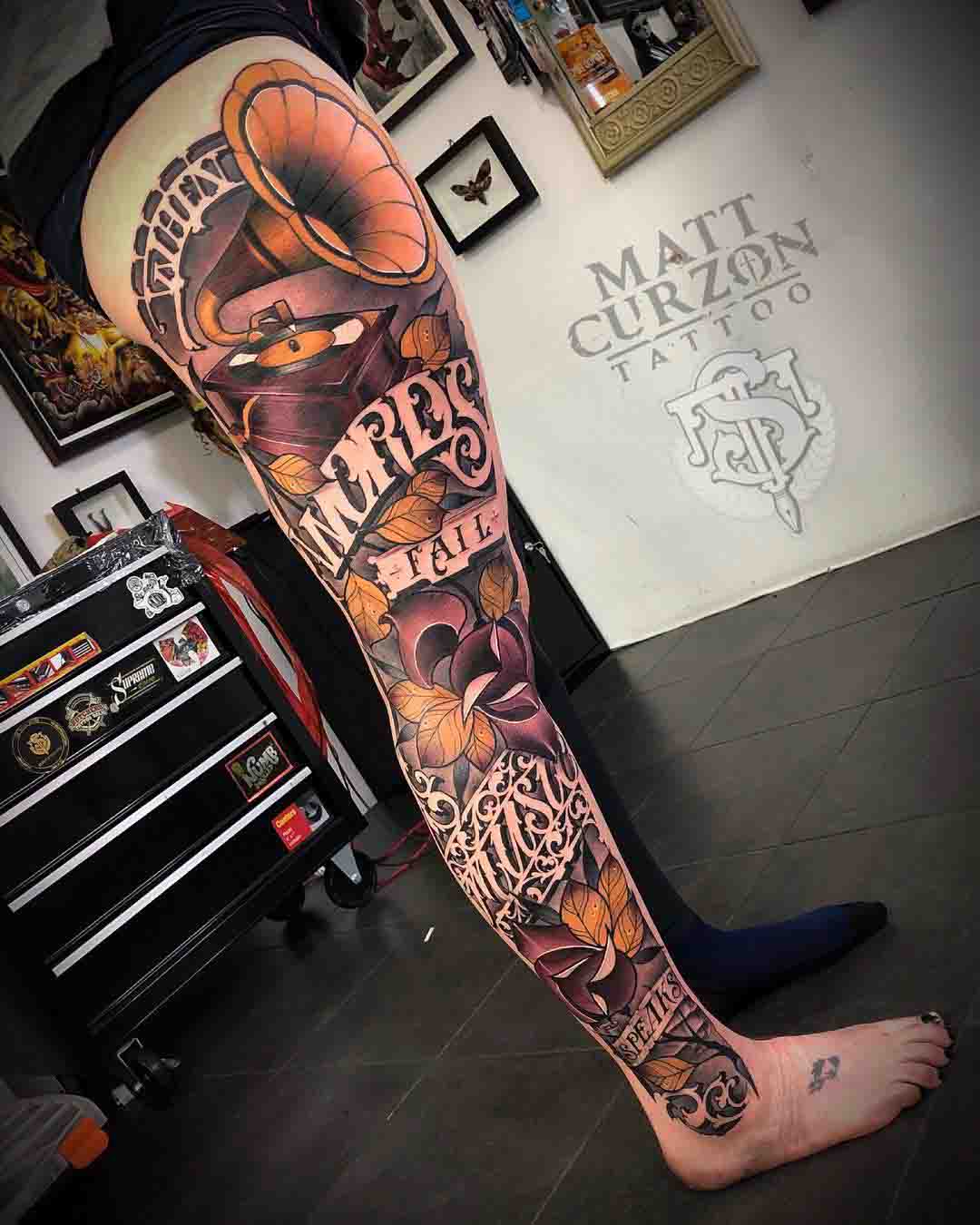 leg tattoo sleeve music