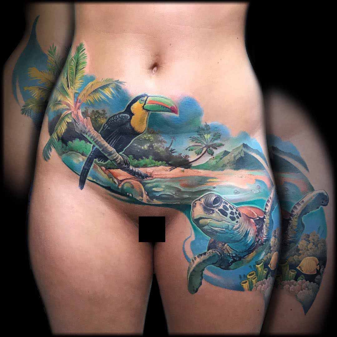 women tattoo island turlte and ocean