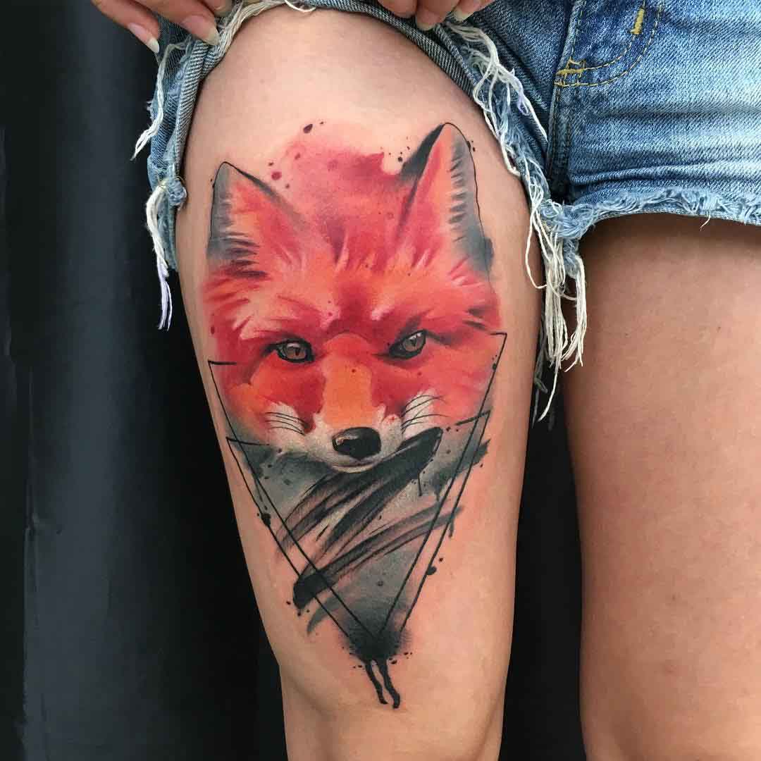 thigh tattoo fox watercolor style