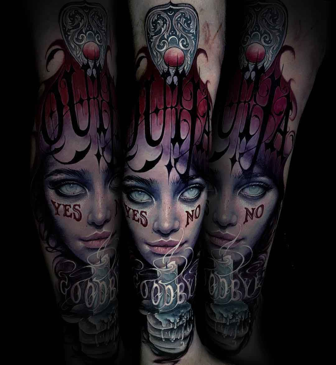 arm tattoo witch tattoo ouija