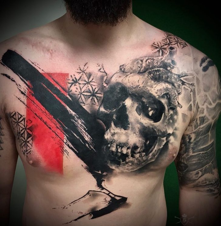 Chest Tattoo Trash Polka Skull - Best Tattoo Ideas Gallery