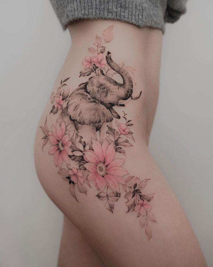 FLowrers Elephant Tattoo on Hip - Best Tattoo Ideas Gallery